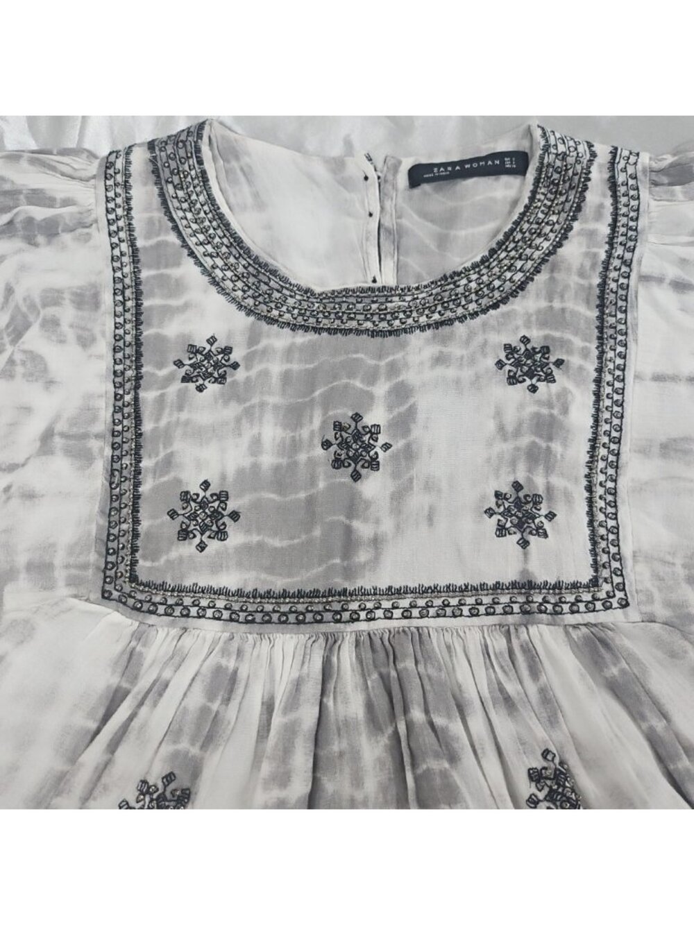 Zara Woman S Embroidered Boho Peasant Tunic Gray Tie Dye Cottagecore Festival - Picture 6 of 16